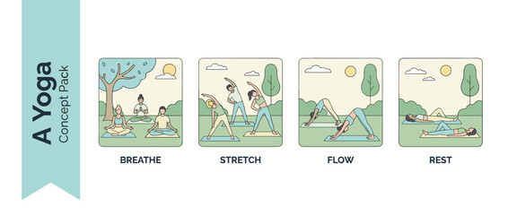 Yoga Concept Pack with four flat line art illustrations of people practicing yoga in a park, including breathing, stretching, flowing in downward dog, and resting in savasana on mats outdoors.