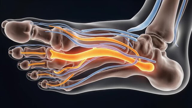 Scientific 3d rendering shows the complex bones and glowing plantar fascia structure on a dark background.