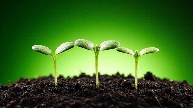 Three green sprouts in soil against a vibrant green background, symbolizing new life, growth, and ecological renewal.