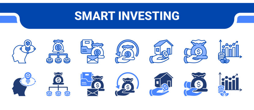Smart Investing Icon Collection,  featuring Savvy, Diversify, Portfolio, Roi, Assets, Capital, Bar graph.