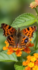 Fototapeta premium Close-up of a Question Mark Butterfly on Lantana Flowers.
