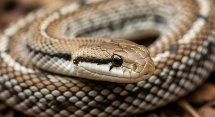 Obraz premium Close-up of a Rat Snake Coiled on the Ground.
