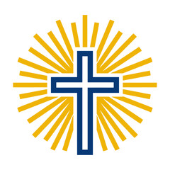 Obraz premium Flat vector illustration of a Christian cross with radiant light rays. Represents faith, Christianity, hope, and religious concepts