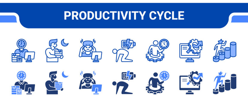 Productivity Cycle Icon Collection,  featuring Workaholic, Overwork, Stress, Fatigue, Time management, Productive, Success.