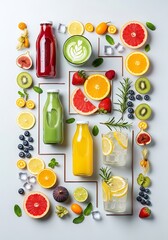 Vibrant assortment of fresh fruit juices and beverages on neutral backdrop
