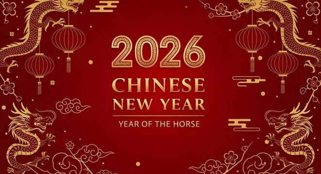 2026 chinese new year year of the horse celebration with gold decorations on red background