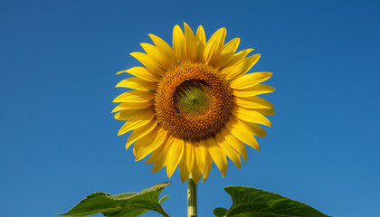 Naklejka premium A vibrant yellow sunflower in full bloom stands tall against a clear, bright blue sky.