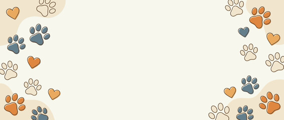 Custom blinds with your photo Panoramic vector banner illustration for pet adoption, animal rescue, or veterinary services featuring cute paw prints and heart shapes in warm earthy tones with central copy space for text.