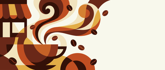 Panoramic Abstract Vector Illustration of a Coffee Shop Banner Featuring a Steaming Cup of Coffee with Elegant Swirls, Floating Roasted Beans, and Ample Copy Space for Cafe Branding and Design.