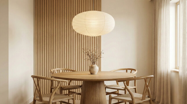 Japandi style dining room with round wooden table and paper lamp.