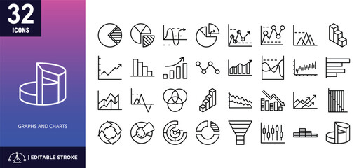 Business graphs and charts line icon set