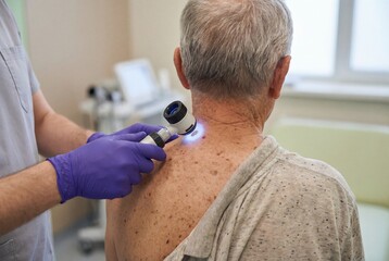 Fototapeta premium Doctor in purple gloves examines elderly patient back with dermatoscope in medical clinic