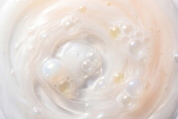 Fototapeta premium Macro view of swirling translucent white and beige cosmetic lotion with iridescent bubbles and pearlescent spheres