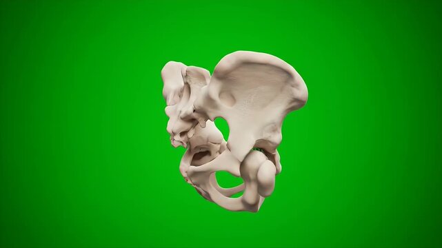 Detailed 3D Render of Human Pelvis Bone Anatomy Rotating on Green Screen for Medical Visualization