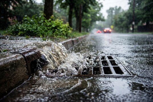 Heavy stormwater flowing rapidly into a metal storm drain on a wet urban street during a downpour
