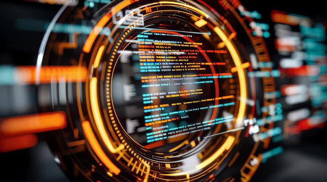 Machine learning visual code interface glowing circular HUD orange blue data streams futuristic analytics displaying glowing code cyan dark lab