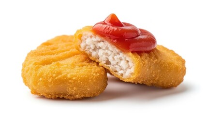 A detailed close-up studio shot captures golden chicken nuggets, one revealing the white meat interior, topped with a vibrant dollop of bright red ketchup against a clean white background.