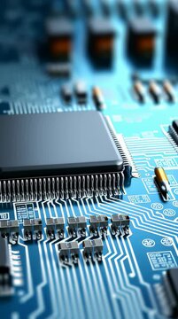 Machine learning visual processor microchip circuit board electronics semiconductor solder integrated circuit pcb. closeup microprocessor blue