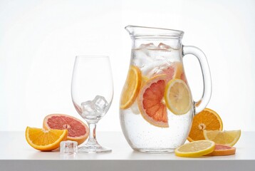 Fototapeta premium Glass pitcher of citrus infused water with ice and sliced fruits