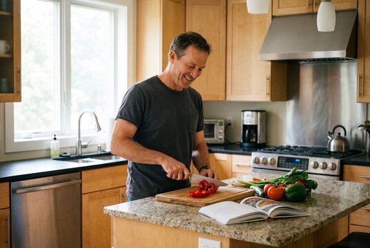 Middle aged man chopping red bell pepper in modern kitchen