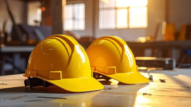 Two yellow hard hats sit on a table in a workshop, bathed in sunlight.