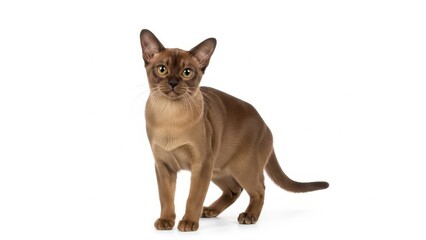 This elegant, warm brown burmese cat is captured in a full-body studio portrait, standing attentively against a clean white background.