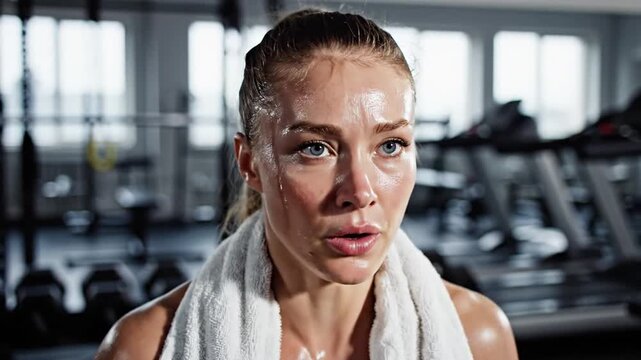 Exhausted sweaty young woman with towel in gym after workout