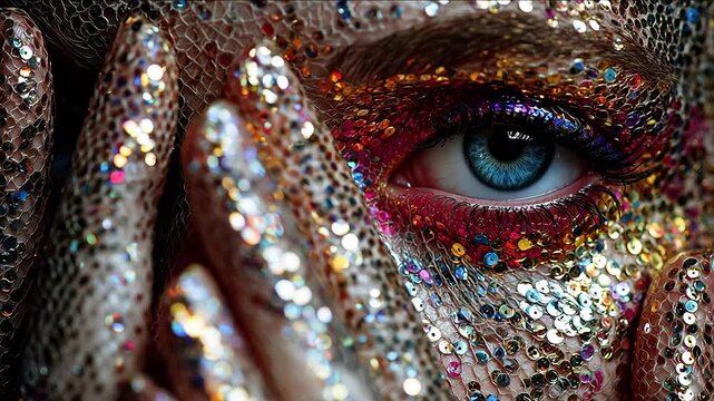 Closeup of glittercovered face and hand
