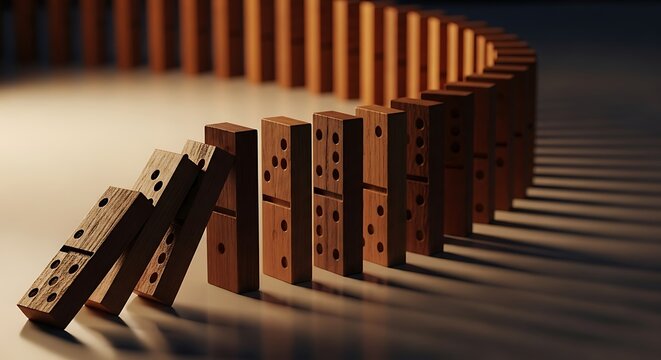 Cinematic close-up of domino tiles falling in sequence, dramatic chain reaction concept with warm lighting and shadow play.