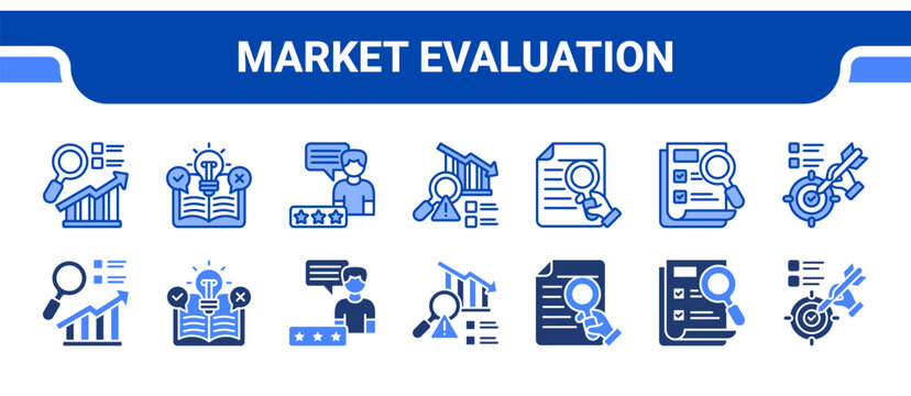 Market Evaluation Icon Collection,  featuring Market research, Feasibility studies, Customer feedback, Risk analysis, Analysis, Overview, Goals.