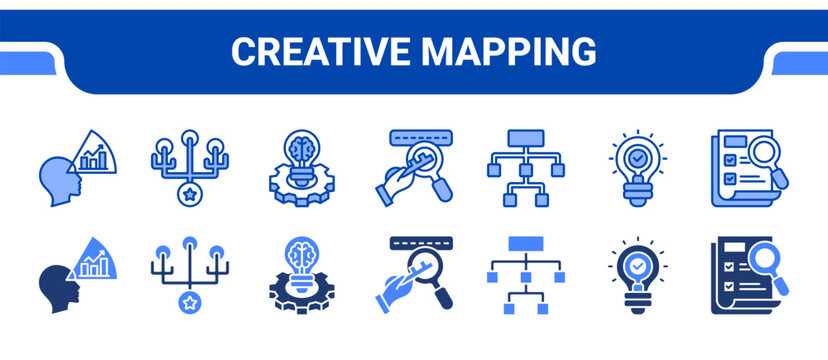Creative Mapping Icon Collection,  featuring Visualization, Branches, Central idea, Keywords, Structure, Clarity, Overview.