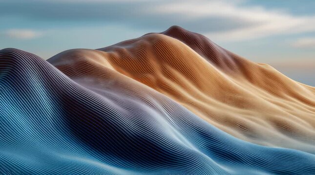 Machine learning visual waves dune landscape abstract with smooth flowing texture and soft light evoking calm serene mood through blue orange