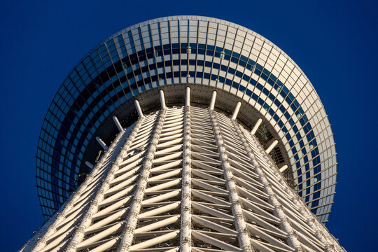 Close up look of Tokyo SkyTree observation deck with blue sky.