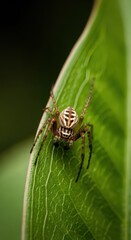 Close-up of a spider on a vibrant green leaf.