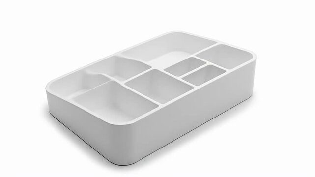 Angled view of a segmented white plastic storage organizer on a white background