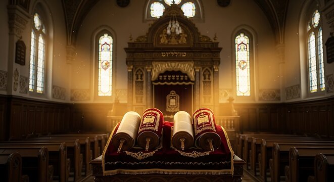 Ancient Torah Scrolls in a Historic Synagogue with Golden Light.
