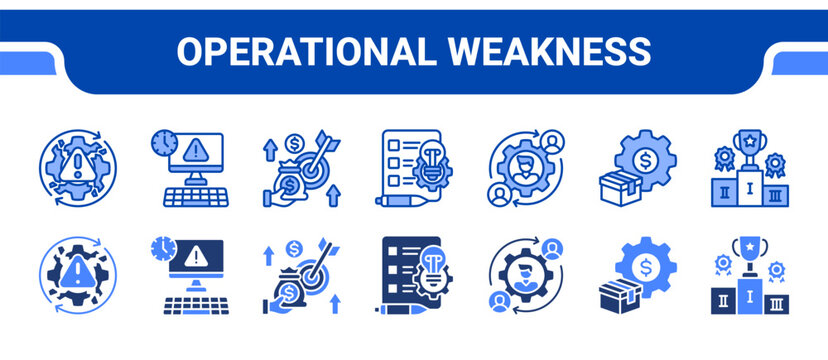 Operational Weakness Icon Collection,  featuring Inefficiency, Outdated, Limited funds, Quality issues, Turnover, Costs, Competitive.