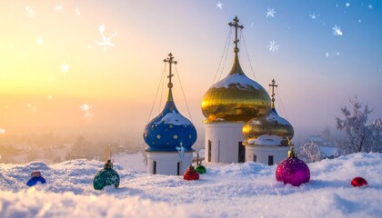 Fototapeta premium Serene Winter Wonderland Scene Featuring Majestic Golden and Blue Domed Orthodox Churches Amidst Fresh Snow, Adorned with Festive Christmas Ornaments and Falling Snowflakes at Dawn