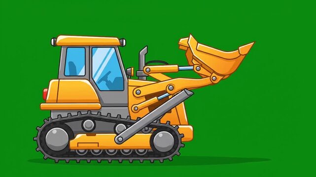 A cartoon dozer vehicle illustration on a green background viewed from the side