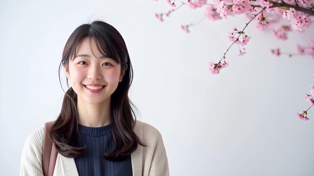 日本人女子大学生が白背景のスタジオに立つポートレート動画。
画面端から伸びる桜の枝が春と入学シーズンを象徴。
柔らかな自然光と淡いパステルカラーの服装が新生活の始まりを演出。