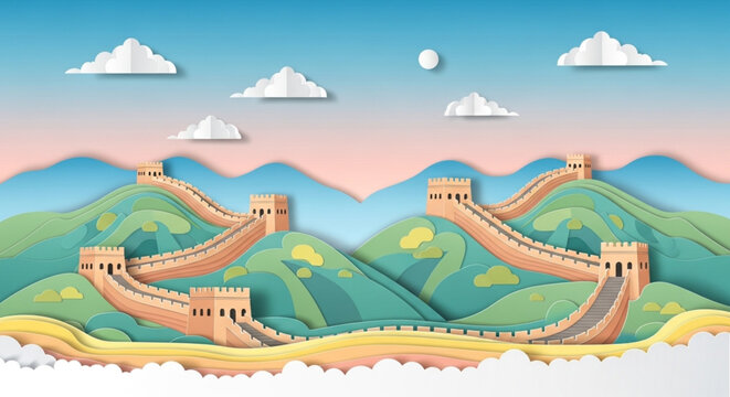 A colorful and scenic papercraft illustration of the Great Wall of China winding through green hills under a sunset sky.