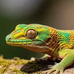 Close-up of a Vibrant Gold Dust Day Gecko in Natural Habitat.