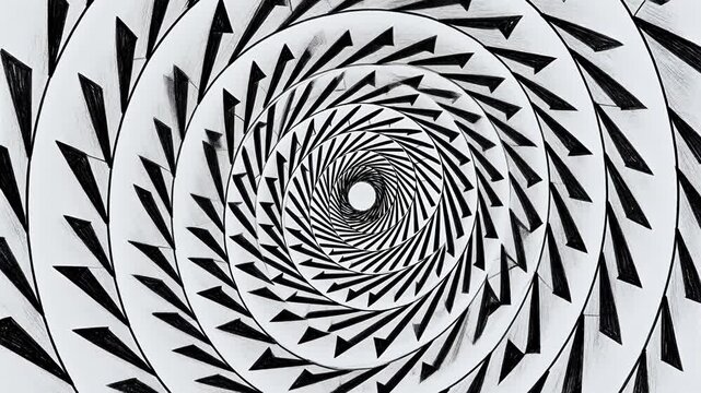 Black arrow triangles forming spiral vortex on white background