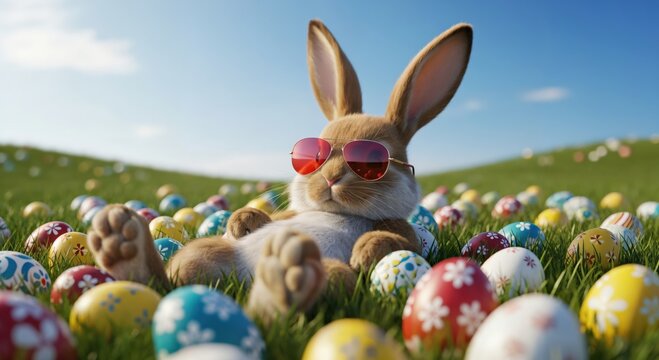 Cool Easter bunny wearing red sunglasses relaxing in a field of colorful decorated eggs