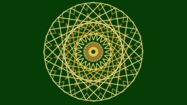 A mesmerizing animation featuring royal gold mandala pattern. This footage shows the design gently pulsing, featuring detailed 20-sided geometric shapes. Perfect for uses such as documentary filler