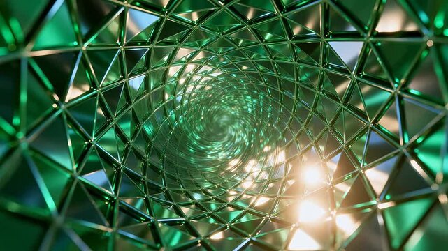 Green polyhedral crystal structure with spiral core and light refraction