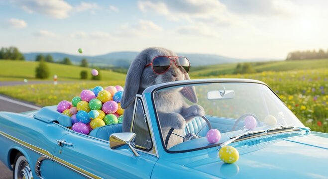 Whimsical Easter bunny driving a vintage blue car with colorful eggs on a sunny countryside road