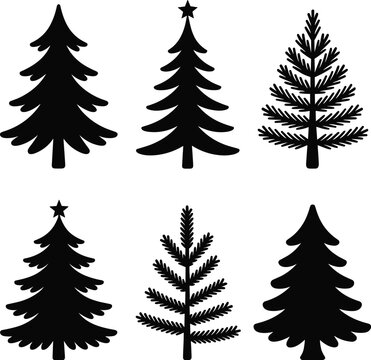 Set of fir trees black plant vector on white background.