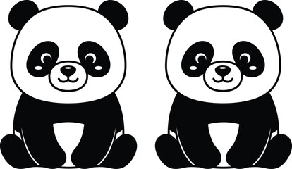 Obraz premium Black and white vector illustration of two cute baby panda bears sitting and smiling isolated on white background for design