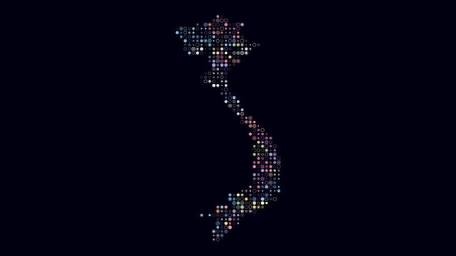 Vietnam animation. Shape of the country with pulsating colored dots. Small size circle blocks. Digital style map on dark background. Classy video.